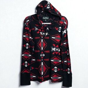 Ralph Lauren Red & Black Aztec Waffle Knit Hooded Long Sleeve Top Size XL